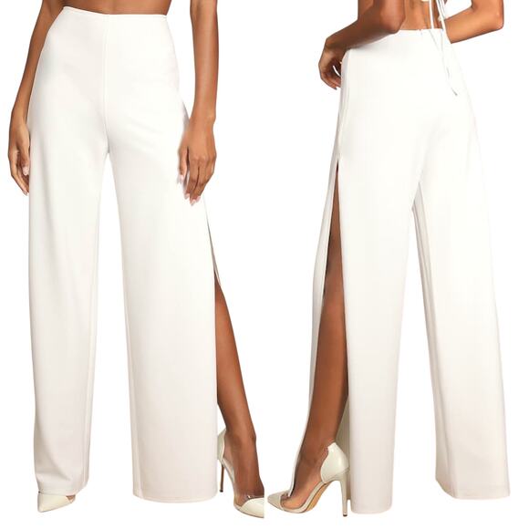 Lulus High Waist Stretch Crepe Side Slits Wide Leg Pants White size Small NWOT - Picture 1 of 8